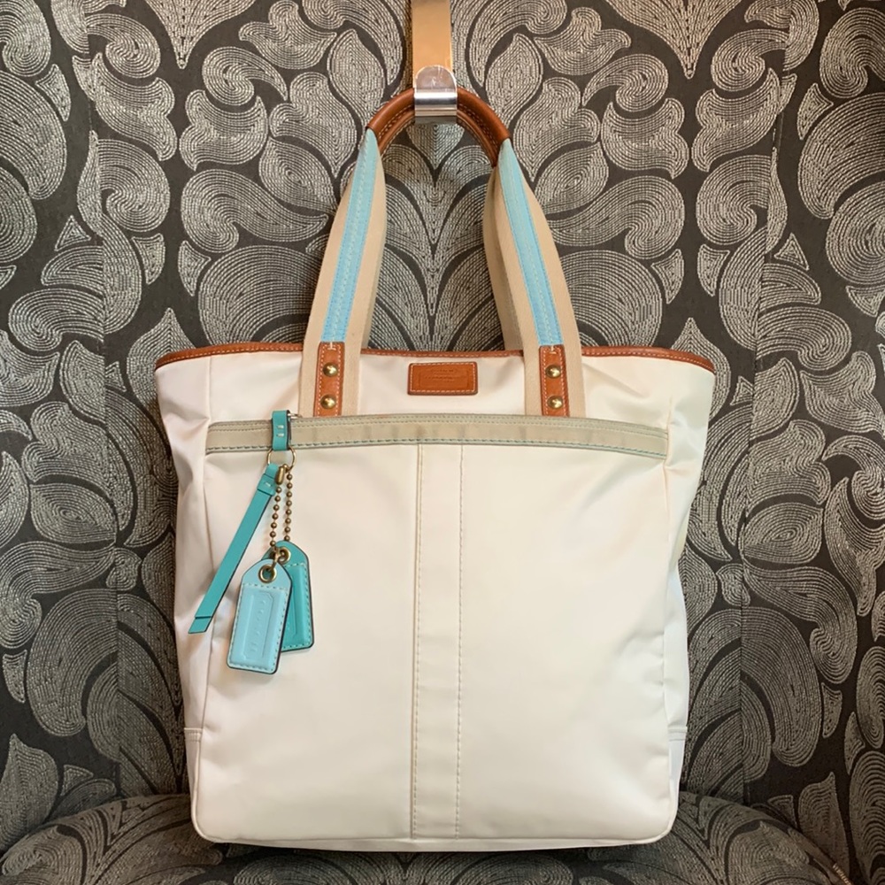Coach Hamptons Satin Tote in White with Light Blue and Turquoise Accents